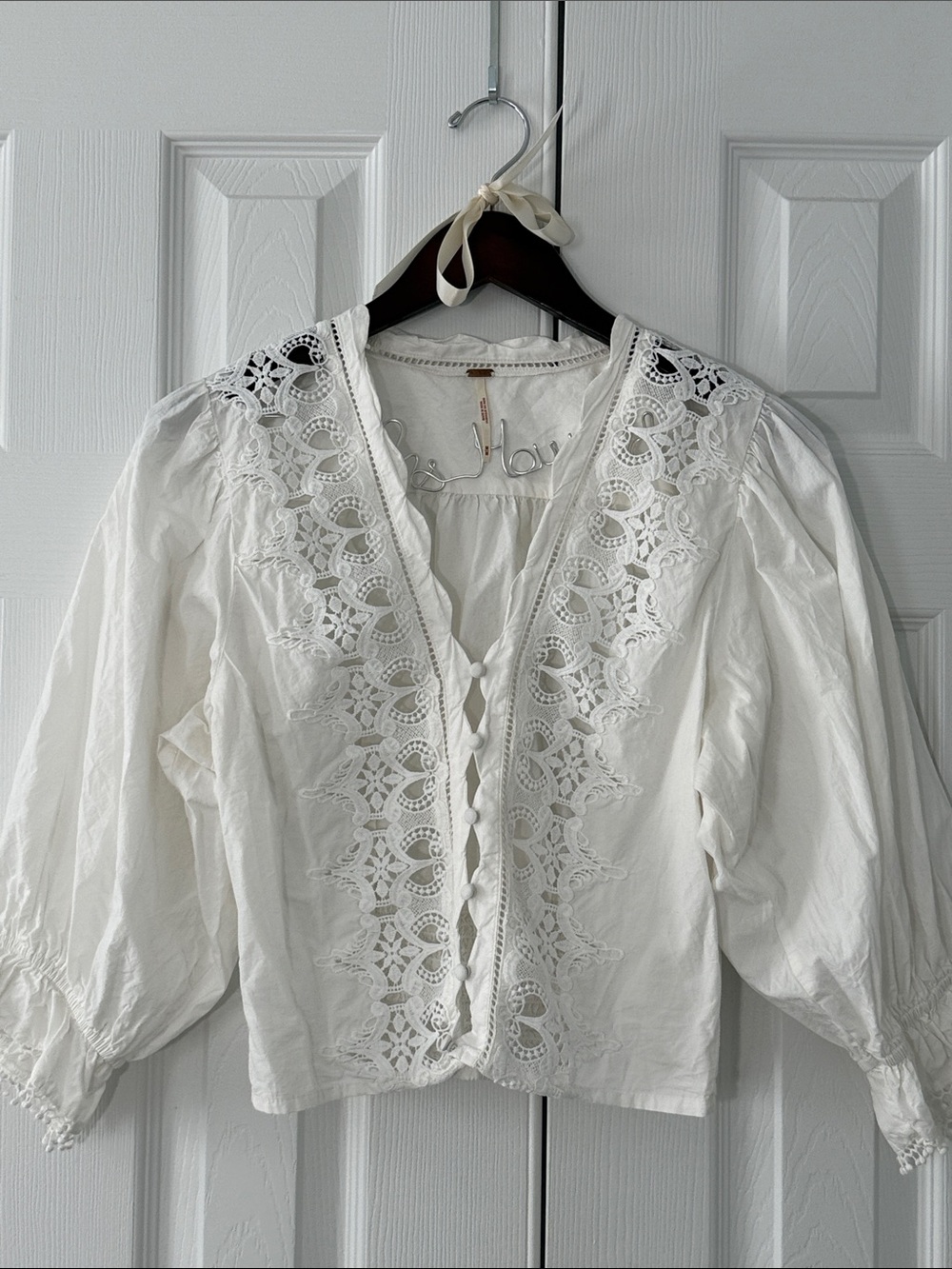 Free People Lace Cotton Blouse Sz M Puff Sleeve Victorian Boho Coquette